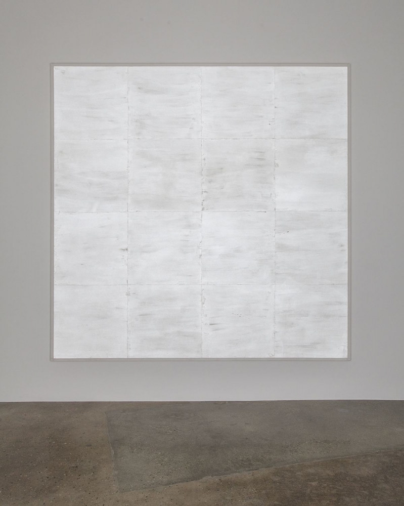 Mary Corse, Untitled (White Grid, Horizontal Strokes), 1969. Glass microspheres in acrylic on canvas.
