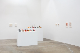 Installation view of "Peter Shire: Drawings, Impossible Teapots, Furniture & Sculpture" at Kayne Griffin Corcoran, Los Angeles