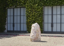 Installation view of Mika Tajima, Pranayama (Monolith, F, Rose Quartz), 2021, rock sculpture