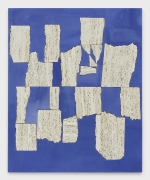 Sam Moyer, Blue Wall, 2019, Travertine, painted canvas mounted to MDF panel