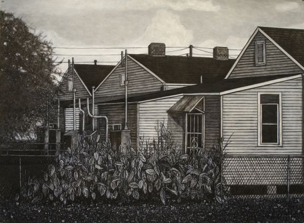 Willie Birch, Backyard View, 2021, charcoal and acrylic on paper