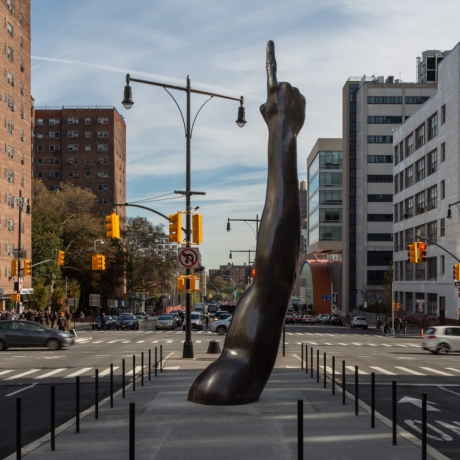 Hank Willis Thomas' "Unity," 2019, bronze sculpture at the foot of the Brooklyn Bridge, New York